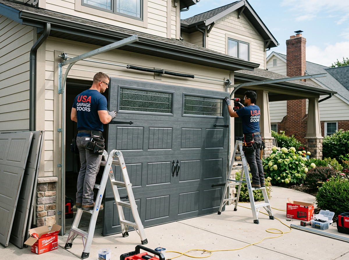 USA Garage Doors installers putting in a new carriage-style garage door