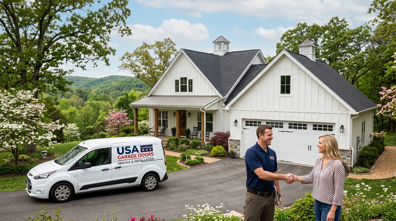 USA Garage Doors technician greeting a homeowner at a Northwest Arkansas farmhouse